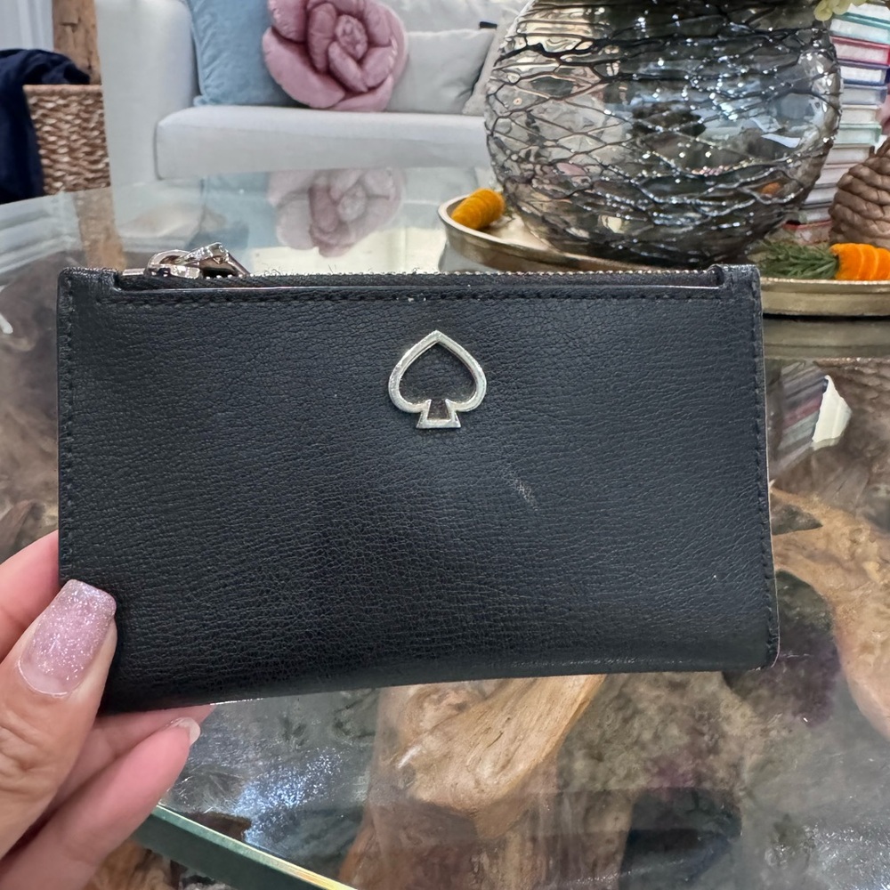 kate spade black leather zip card wallet with silver spade logo